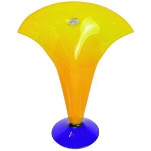Vintage Blenko Glass 872 Fan Vase In Opaline Yellow/Cobalt 12.25” W/label Signed